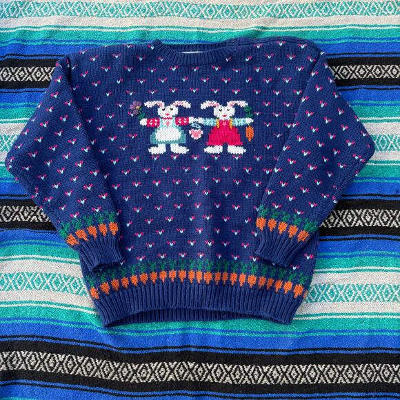 Women's Vintage Northern Isles Hand Embroidered Bunny Rabbits Sweater Sz Large - Picture 1 of 6